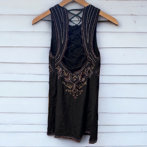 Free People Mandala Georgette Shift Mini Dress Beaded Tie Back Size 2 Black - Picture 3 of 8